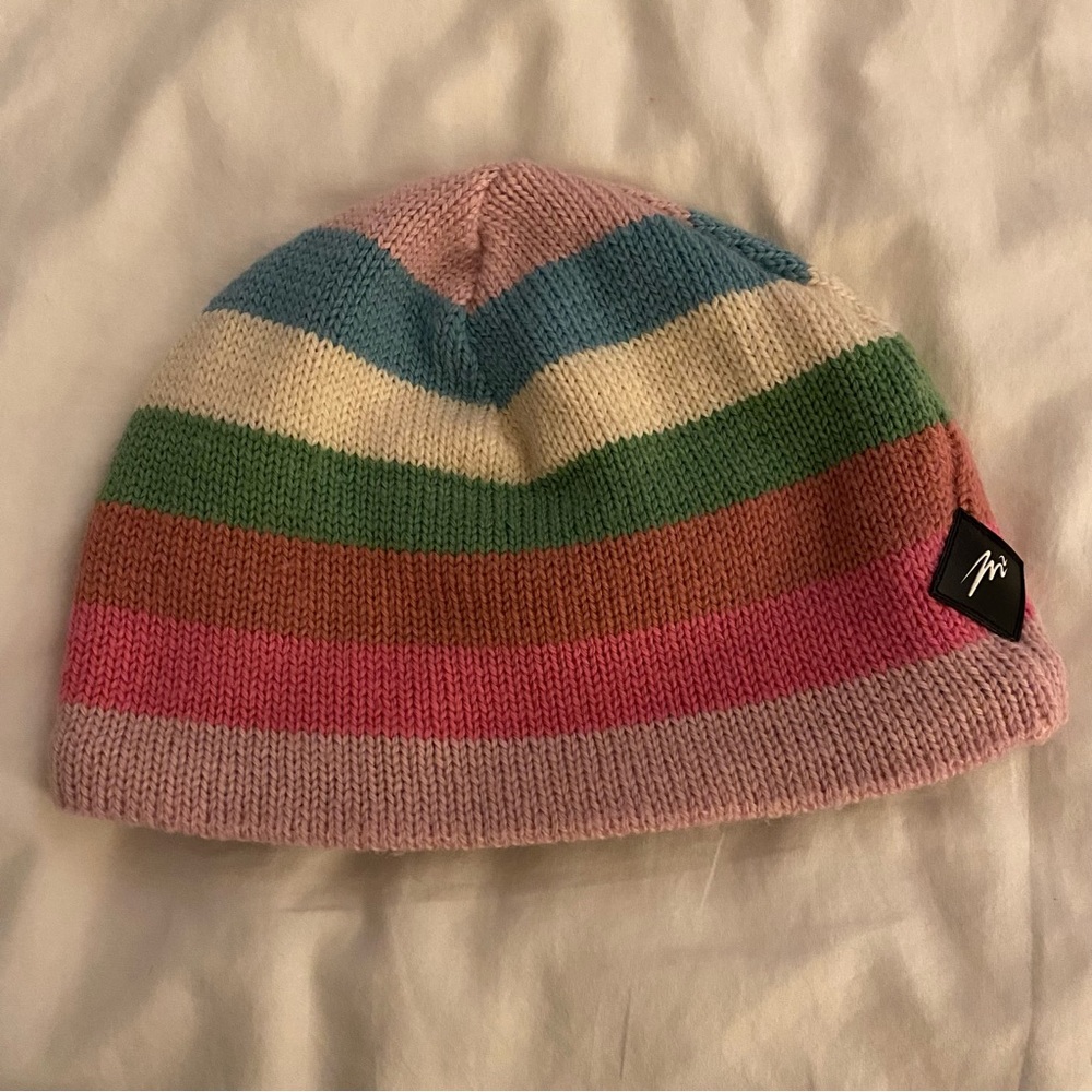 Merkley headgear winter hat women’s OS Colorful Striped Beanie 7” wool knit